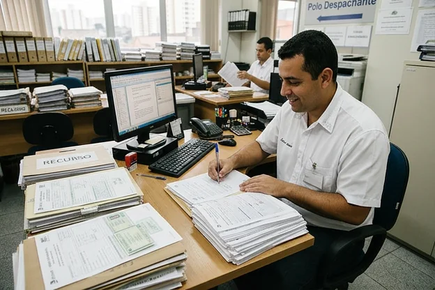 Atendente ajudando um cliente a elaborar um recurso de multa em um ambiente de trabalho.