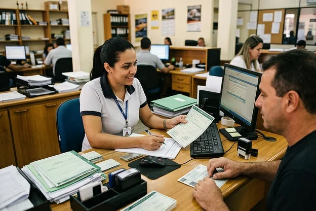 Atendente explicando o processo de licenciamento de veículos para um cliente.