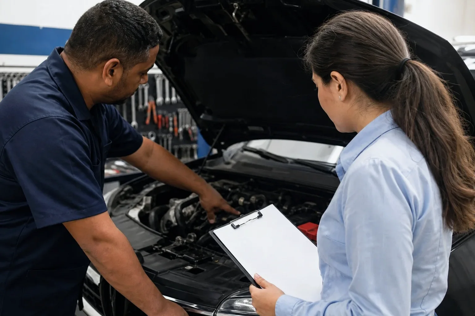 Profissional registrando o cadastro do motor de um veículo.