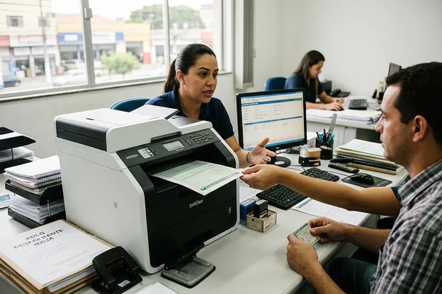 Profissional trabalhando na impressão do CRLV-e com ferramentas adequadas.